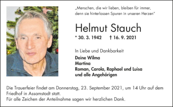 Traueranzeige von Helmut Stauch von Fränkische Nachrichten