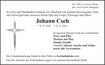 Traueranzeige von Johann Cseh von Fränkische Nachrichten