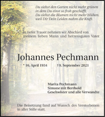 Traueranzeige von Johannes Pechmann von Mannheimer Morgen