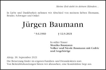 Traueranzeige von Jürgen Baumann von Mannheimer Morgen