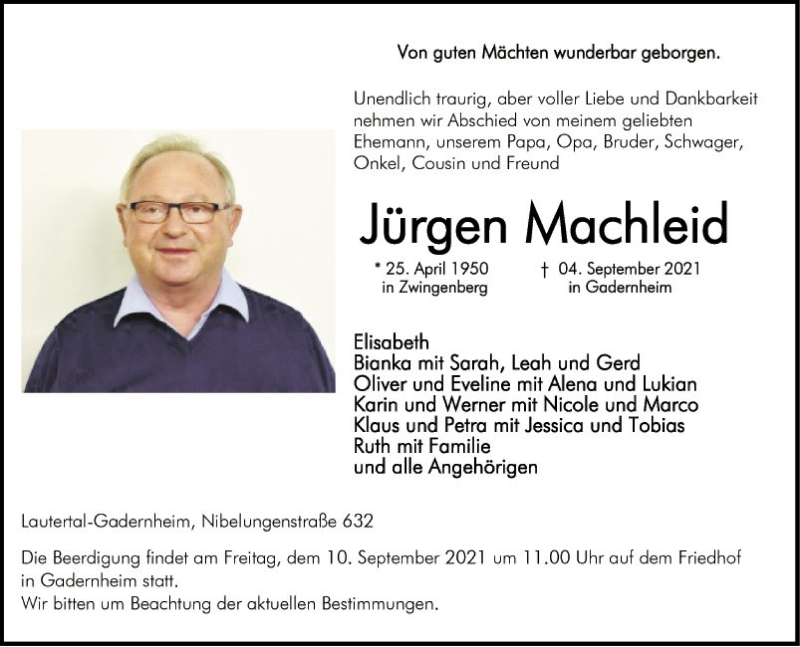  Traueranzeige für Jürgen Machleid vom 08.09.2021 aus Bergsträßer Anzeiger