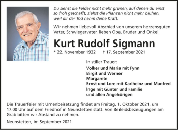 Traueranzeige von Kurt Rudolf Sigmann von Fränkische Nachrichten