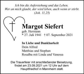 Traueranzeige von Margot Siefert von Mannheimer Morgen
