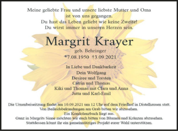 Traueranzeige von Margrit Krayer von Fränkische Nachrichten