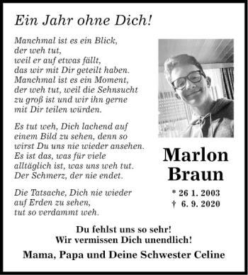 Traueranzeige von Marlon Braun von Fränkische Nachrichten