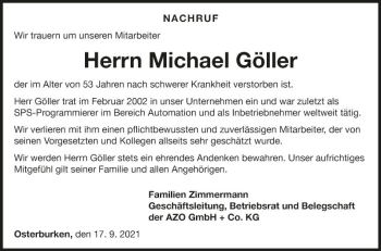 Traueranzeige von Michael Göller von Fränkische Nachrichten