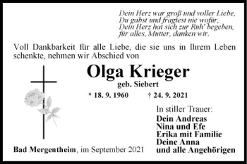 Traueranzeige von Olga Krieger von Fränkische Nachrichten