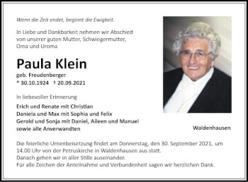 Traueranzeige von Paula Klein von Fränkische Nachrichten