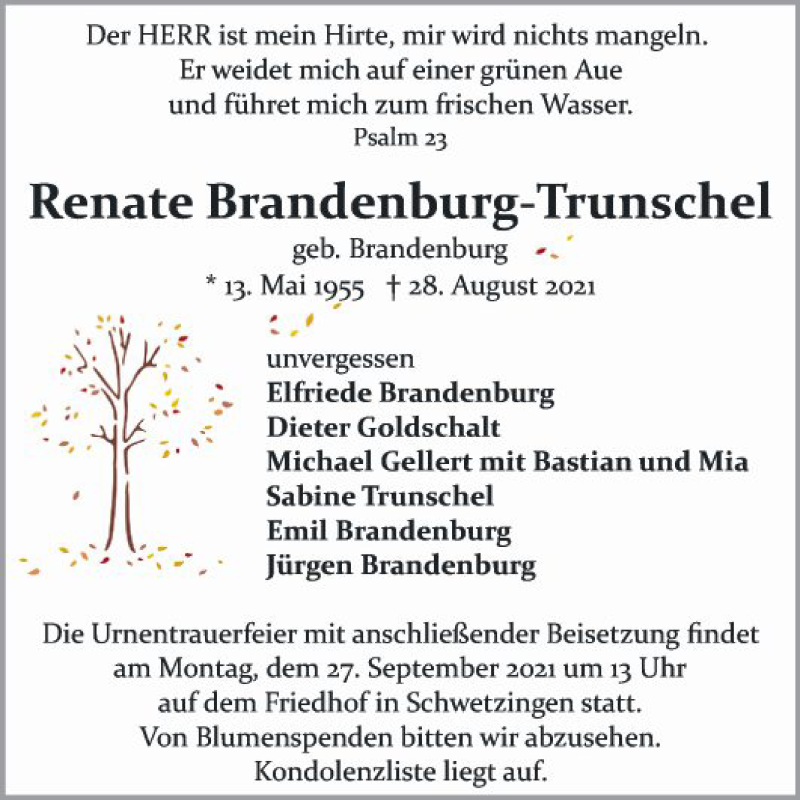  Traueranzeige für Renate Brandenburg-Trunschel vom 22.09.2021 aus Schwetzinger Zeitung