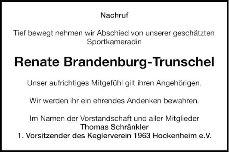  Traueranzeige für Renate Brandenburg-Trunschel vom 25.09.2021 aus Schwetzinger Zeitung