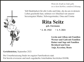 Traueranzeige von Rita Seitz von Fränkische Nachrichten