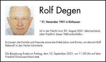 Traueranzeige von Rolf Degen von Bergsträßer Anzeiger