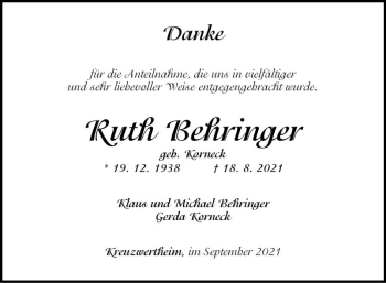 Traueranzeige von Ruth Behringer von Fränkische Nachrichten