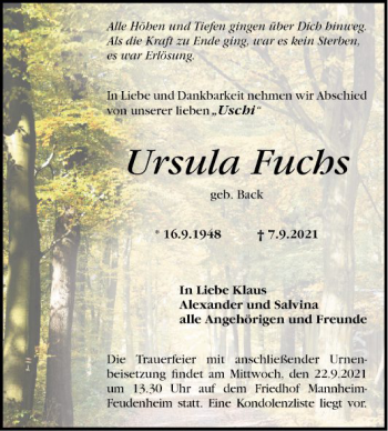 Traueranzeige von Ursula Fuchs von Mannheimer Morgen