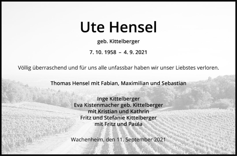  Traueranzeige für Ute Hensel vom 11.09.2021 aus Mannheimer Morgen
