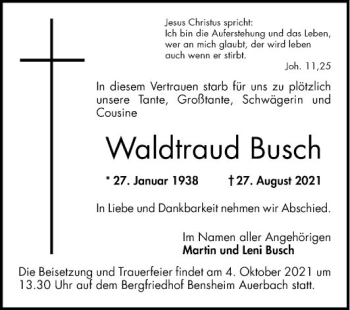 Traueranzeige von Waldtraud Busch von Bergsträßer Anzeiger