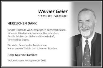 Traueranzeige von Werner Geier von Fränkische Nachrichten