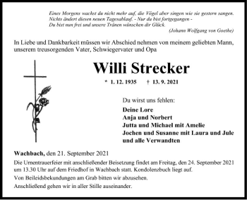 Traueranzeige von Willi Strecker von Fränkische Nachrichten