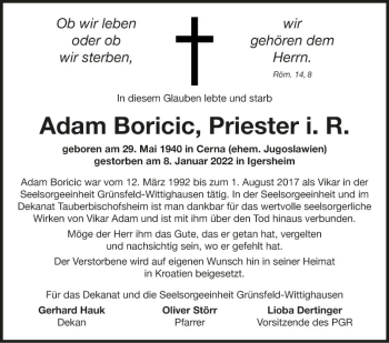 Traueranzeige von Adam Boricic von Fränkische Nachrichten