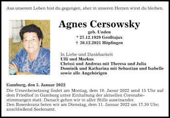 Traueranzeige von Agnes Cersowsky von Fränkische Nachrichten