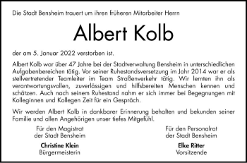 Traueranzeige von Albert Kolb von Bergsträßer Anzeiger