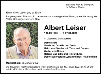 Traueranzeige von Albert Leiser von Fränkische Nachrichten