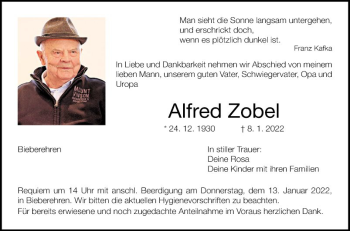 Traueranzeige von Alfred Zobel von Fränkische Nachrichten