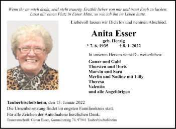 Traueranzeige von Anita Esser von Fränkische Nachrichten