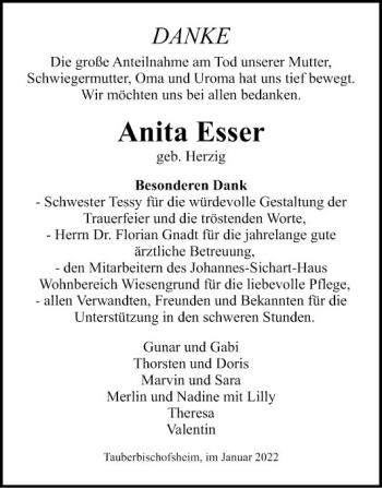 Traueranzeige von Anita Esser von Fränkische Nachrichten