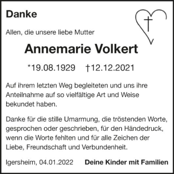 Traueranzeige von Annemarie Volkert von Fränkische Nachrichten