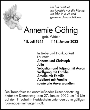 Traueranzeige von Annemie Göhrig von Mannheimer Morgen