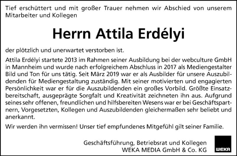  Traueranzeige für Attila Erdelyi vom 15.01.2022 aus Mannheimer Morgen