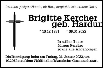 Traueranzeige von Brigitte Kercher von Mannheimer Morgen