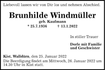 Traueranzeige von Brunhilde Windmüller von Fränkische Nachrichten