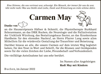 Traueranzeige von Carmen May von Fränkische Nachrichten