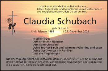 Traueranzeige von Claudia Schubach von Mannheimer Morgen