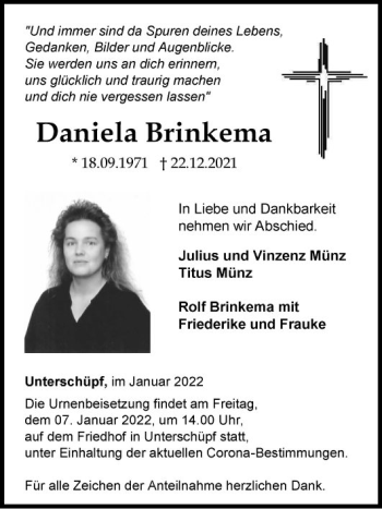 Traueranzeige von Daniela Brinkema von Fränkische Nachrichten