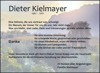 Traueranzeige von Dieter Kielmayer von Mannheimer Morgen