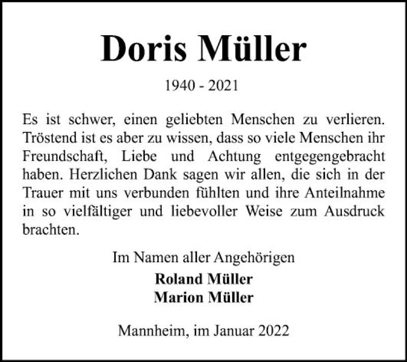  Traueranzeige für Doris Müller vom 22.01.2022 aus Mannheimer Morgen