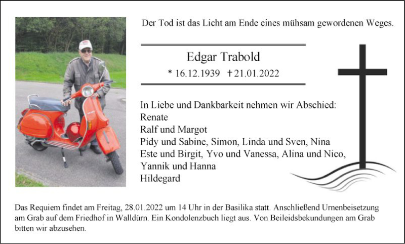  Traueranzeige für Edgar Trabold vom 26.01.2022 aus Fränkische Nachrichten