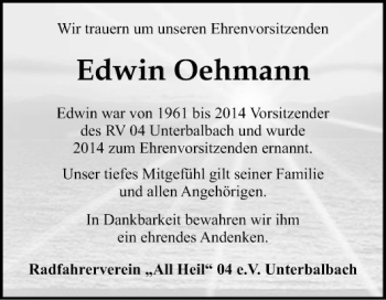 Traueranzeige von Edwin Oehmann von Fränkische Nachrichten