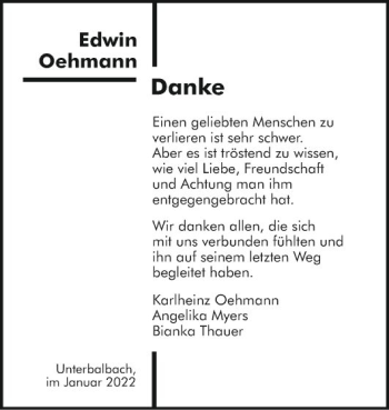 Traueranzeige von Edwin Oehmann von Fränkische Nachrichten