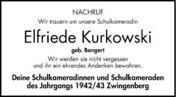 Traueranzeige von Elfriede Kurkowski von Bergsträßer Anzeiger