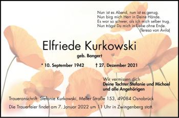 Traueranzeige von Elfriede Kurkowski von Bergsträßer Anzeiger