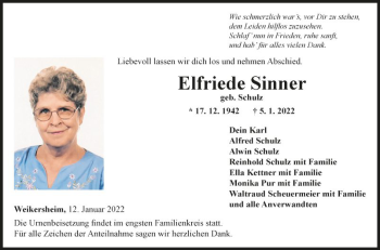 Traueranzeige von Elfriede Sinner von Fränkische Nachrichten