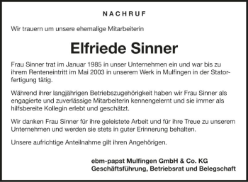 Traueranzeige von Elfriede Sinner von Fränkische Nachrichten