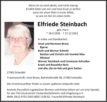 Traueranzeige von Elfriede Steinbach von Fränkische Nachrichten