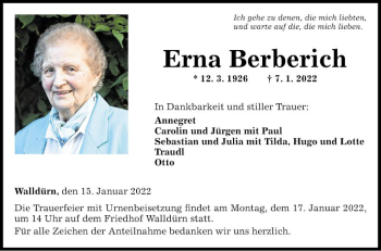 Traueranzeige von Erna Berberich von Fränkische Nachrichten