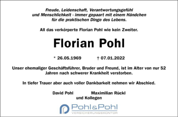 Traueranzeige von Florian Pohl von Mannheimer Morgen