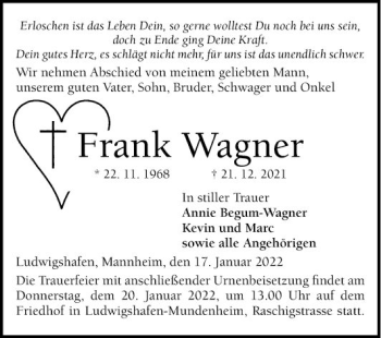 Traueranzeige von Frank Wagner von Mannheimer Morgen